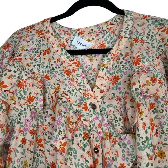 Heyson Peach Floral Button Down Long Sleeve Blouse Size Medium NWT - Picture 2 of 10